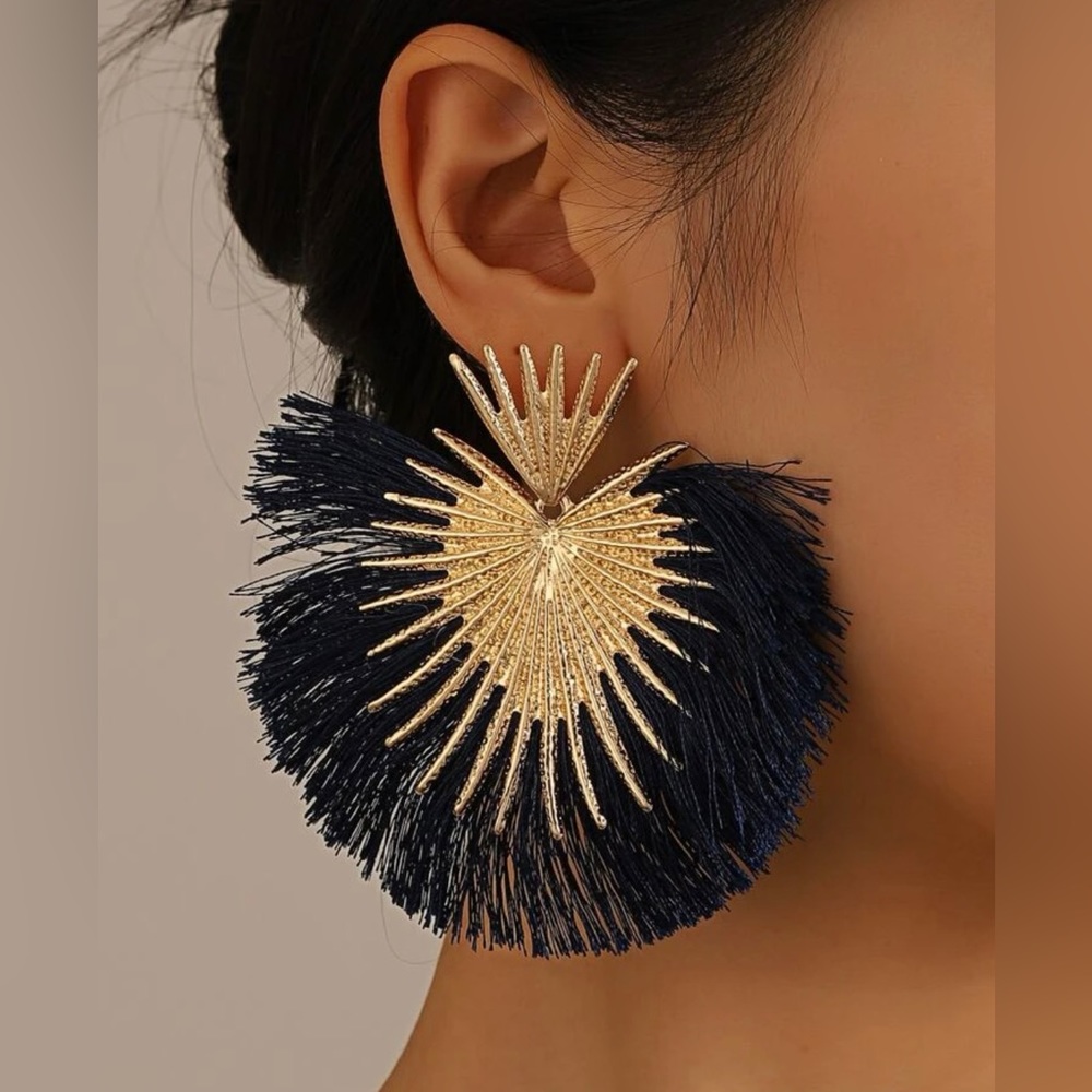 Fan Shaped Sunburst Earrings - Midnight Navy Blue